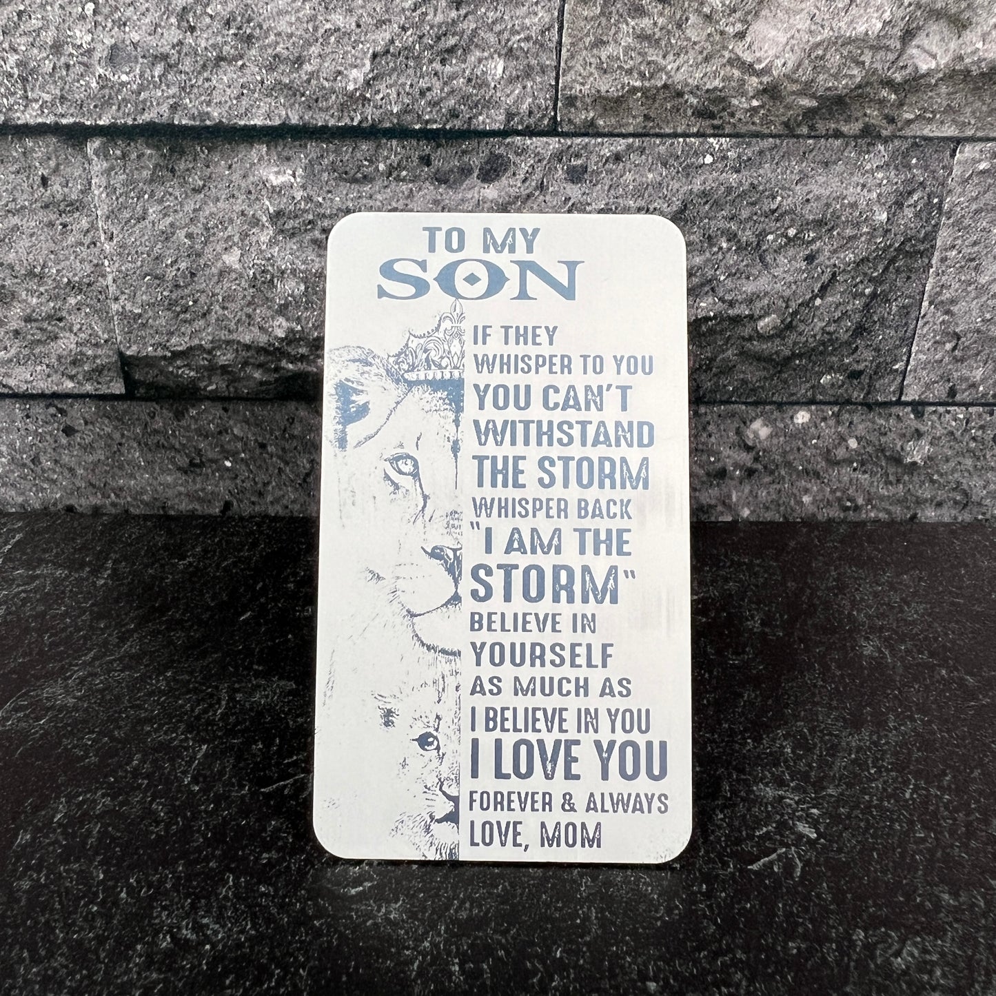 "To My Son" Engraved Metal Wallet Card with Lion Design – Unique Keepsake with Gift Pouch