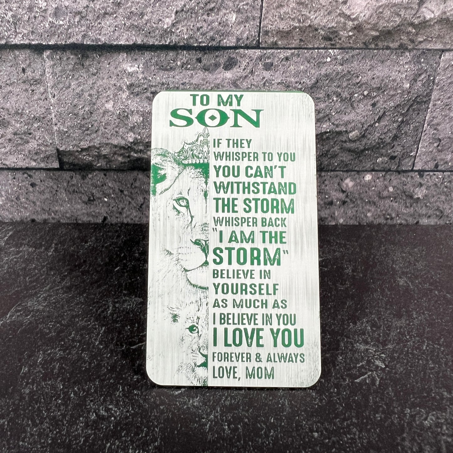 "To My Son" Engraved Metal Wallet Card with Lion Design – Unique Keepsake with Gift Pouch