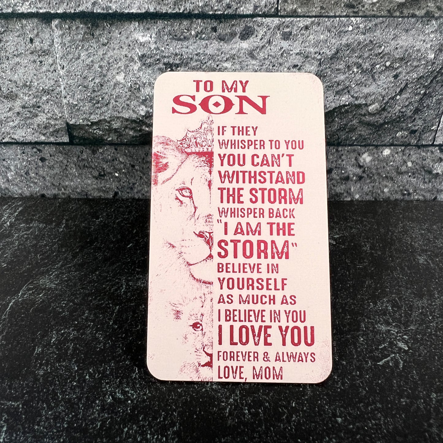 "To My Son" Engraved Metal Wallet Card with Lion Design – Unique Keepsake with Gift Pouch