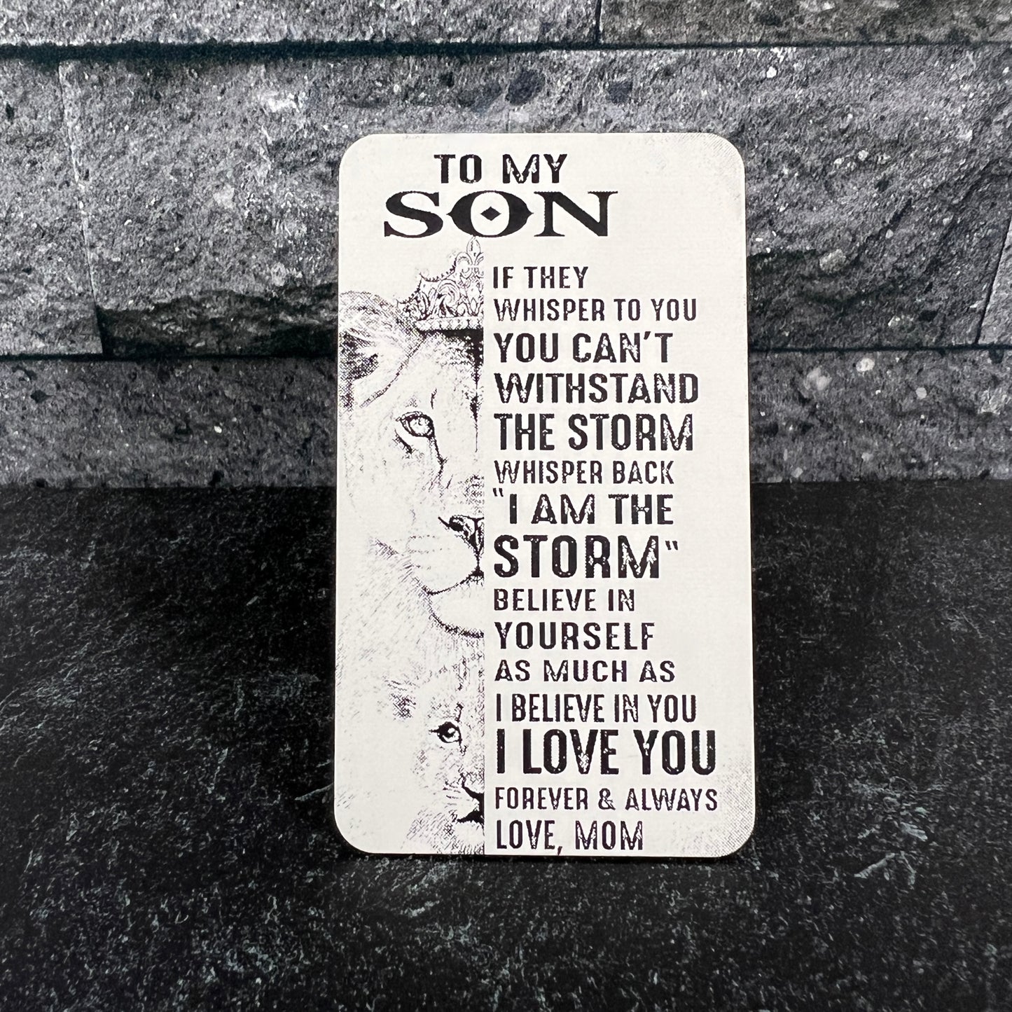 "To My Son" Engraved Metal Wallet Card with Lion Design – Unique Keepsake with Gift Pouch