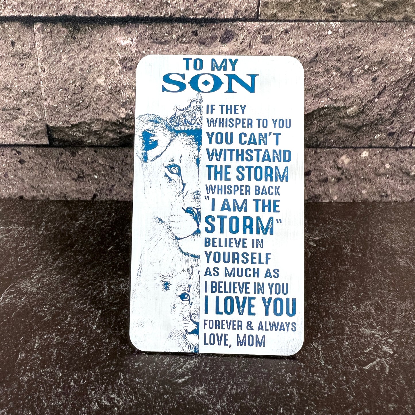 "To My Son" Engraved Metal Wallet Card with Lion Design – Unique Keepsake with Gift Pouch