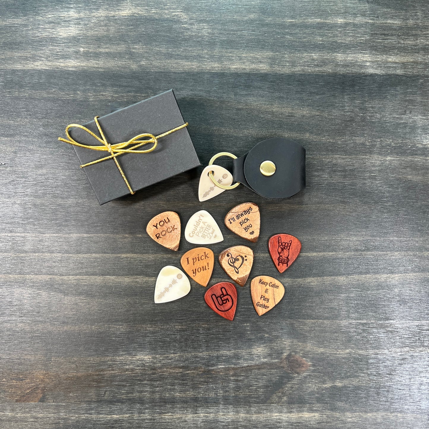 Custom Bone Guitar Pick on Leather Keychain Pouch with Second Engraved Pick