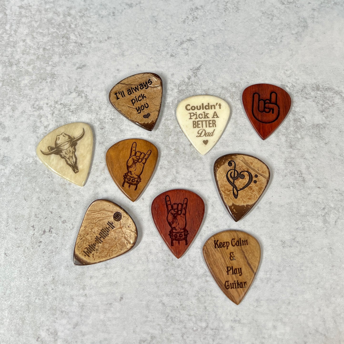Custom Engraved Guitar Pick with Leather Pouch, Choice of Wood or Bone