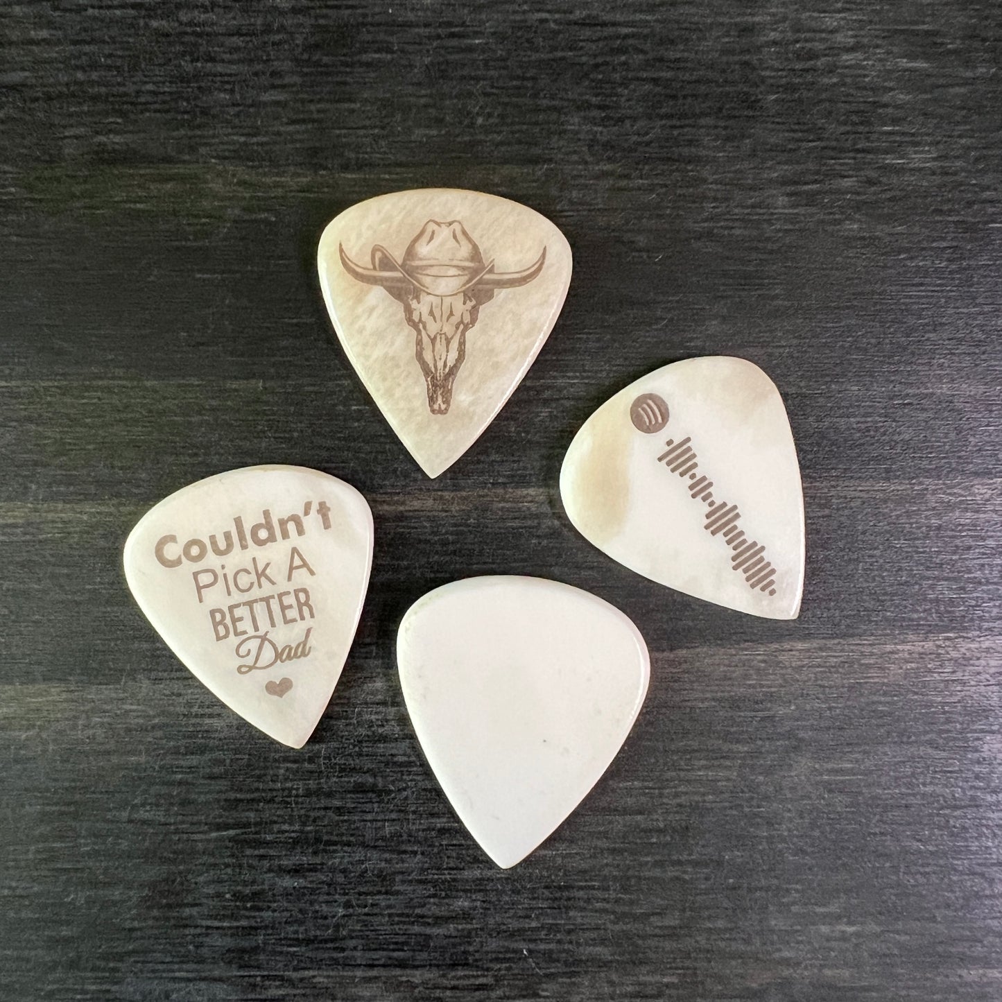 Custom Engraved Guitar Pick with Leather Pouch, Choice of Wood or Bone