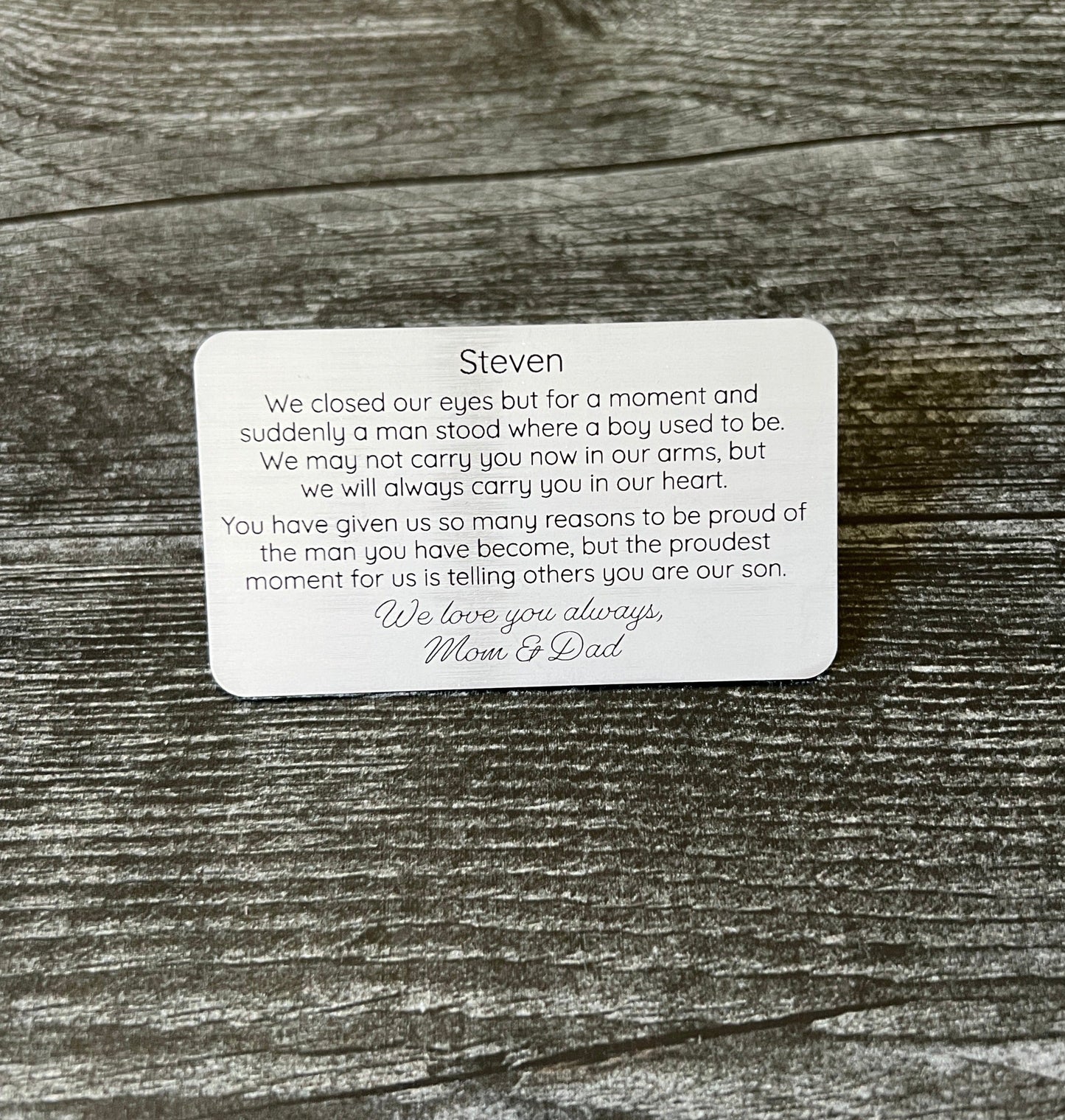 Custom Metal Wallet Card for Son with Leather Gift Pouch