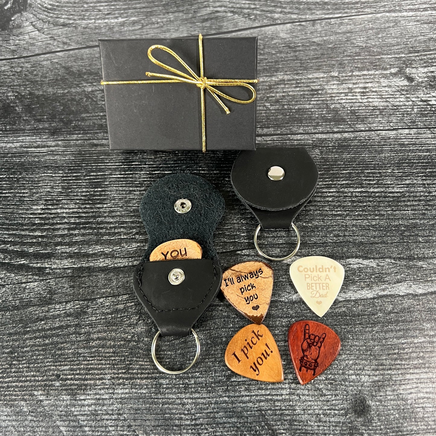 Custom Engraved Guitar Pick with Leather Pouch, Choice of Wood or Bone