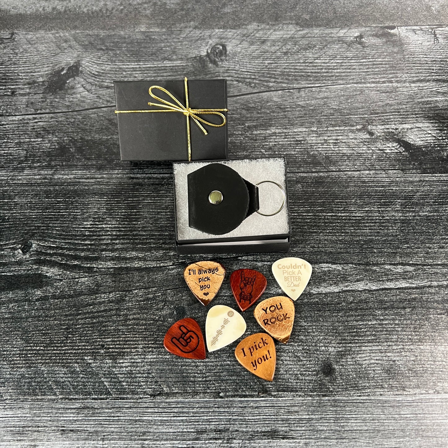 Custom Engraved Guitar Pick with Leather Pouch, Choice of Wood or Bone