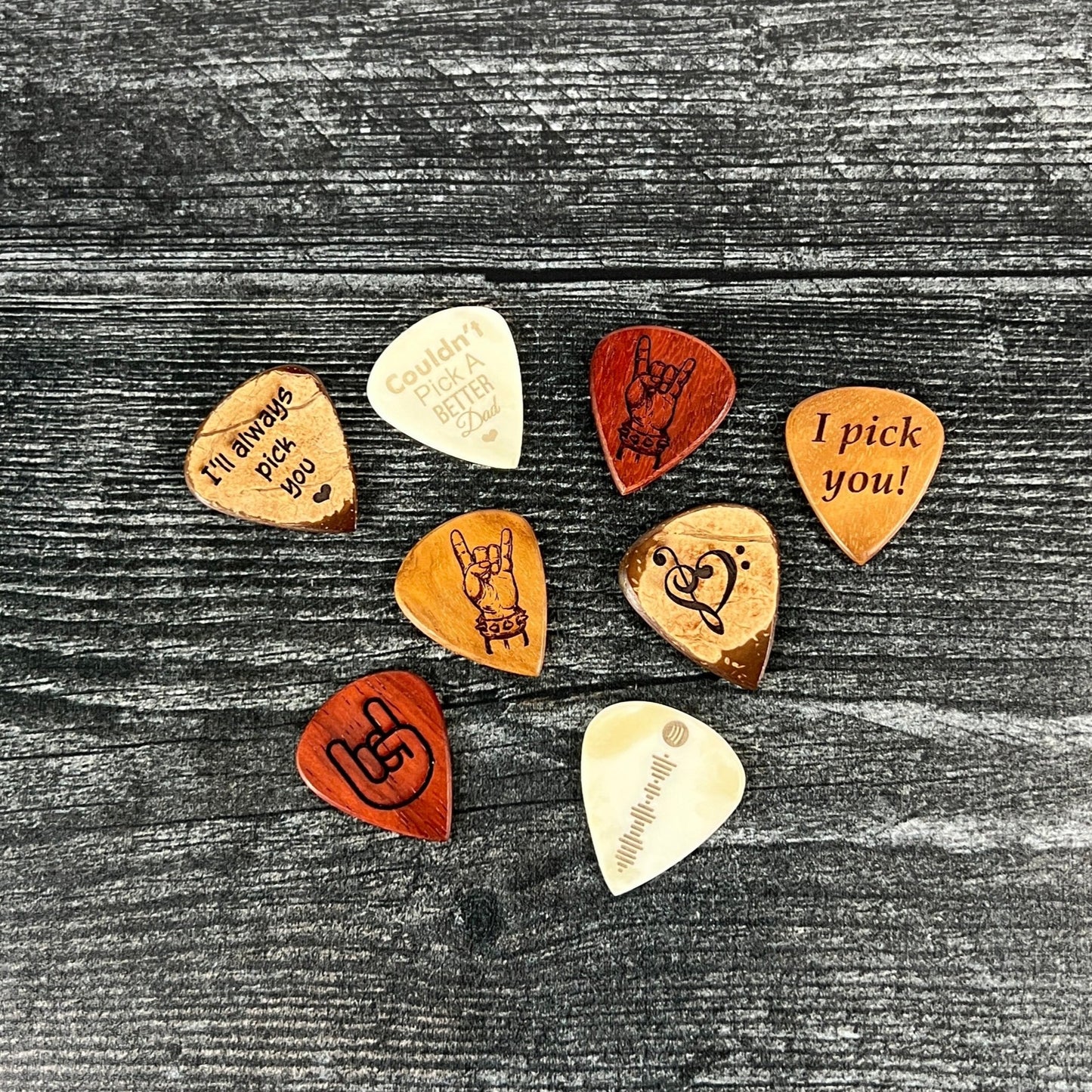 Custom Engraved Guitar Pick with Leather Pouch, Choice of Wood or Bone