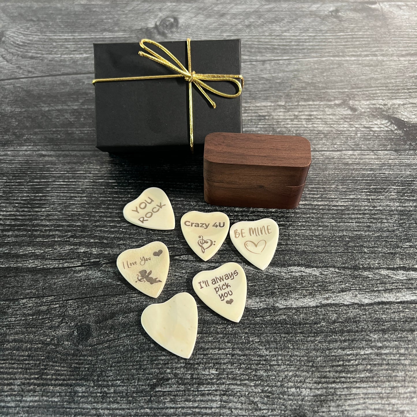 Personalized Heart Shaped Bone Guitar Pick with Custom Magnetic Wood Box