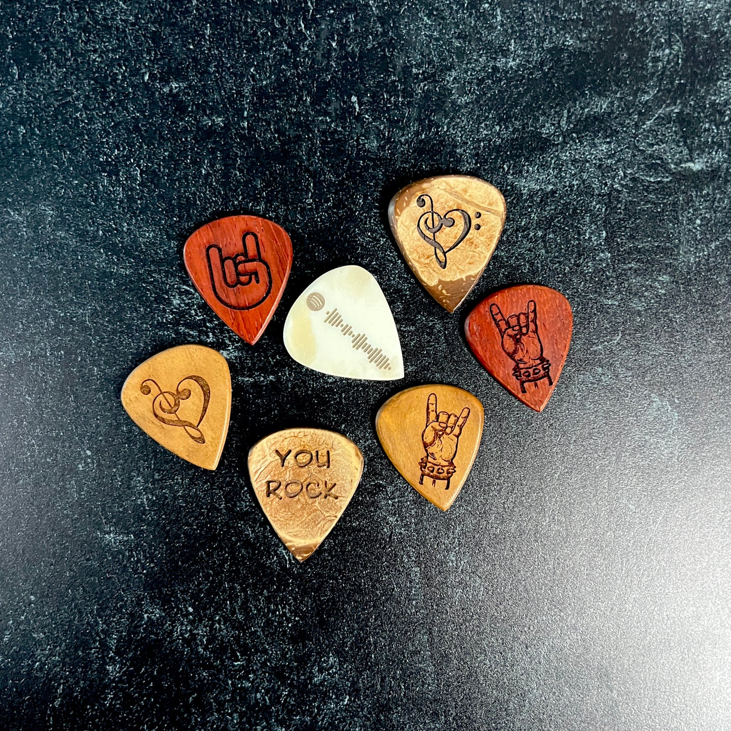 Custom Engraved Guitar Pick with Leather Pouch, Choice of Wood or Bone