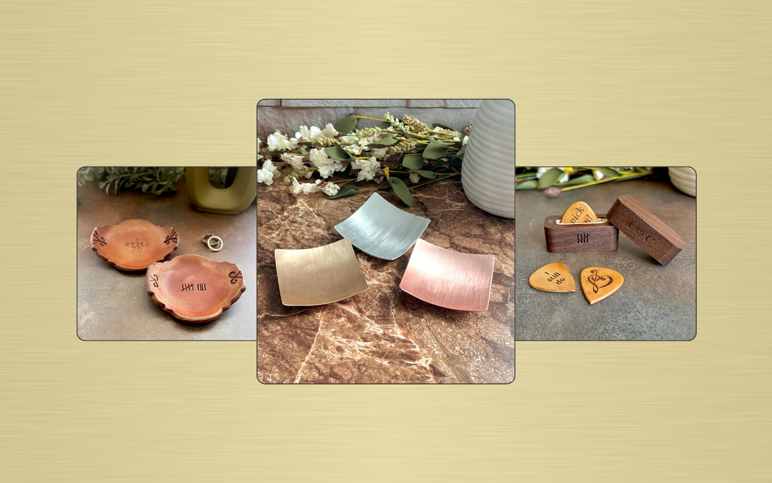Handcrafted anniversary gifts: pottery ring dishes, copper bronze and pewter metal dishes, and wood guitar picks