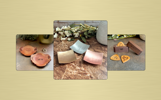 Handcrafted anniversary gifts: pottery ring dishes, copper bronze and pewter metal dishes, and wood guitar picks