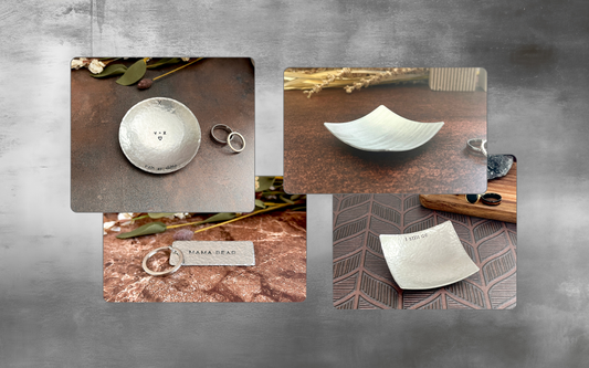 Handcrafted pewter anniversary gift collection featuring custom hammered round ring dish, brushed square dish, I still do square dish, and Mama Bear keychain by The Cutest Gifts