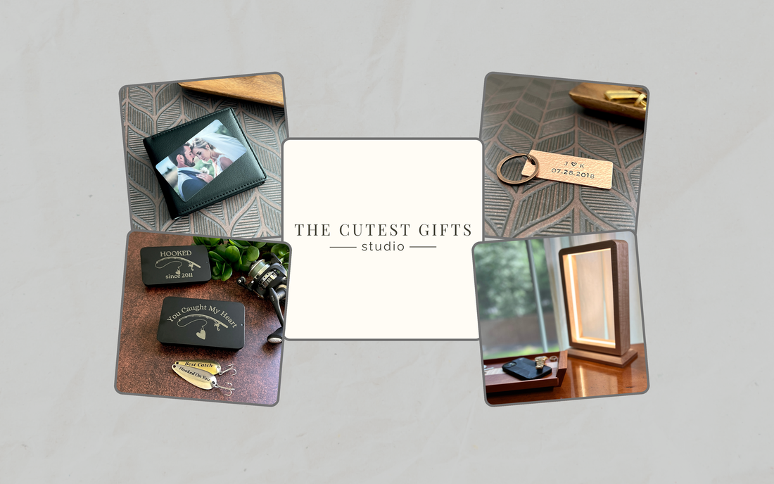 custom handcrafted gifts for men including photo metal wallet card, custom hammered copper keychain, personalized fishing lures and solid wood LED lamp