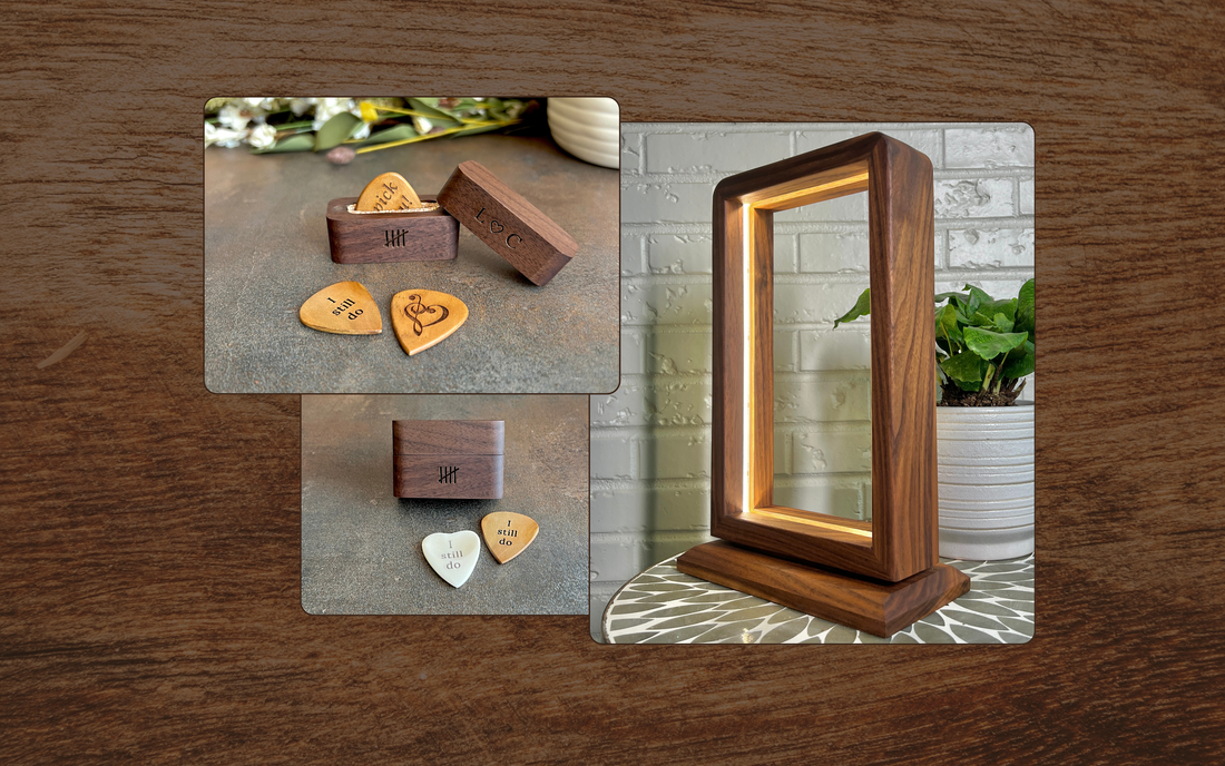 I still do engraved wood guitar picks with personalized initials in magnetic walnut boxes with five tally marks alongside a handcrafted walnut LED accent lamp, 5th wedding anniversary wood gifts by The Cutest Gifts