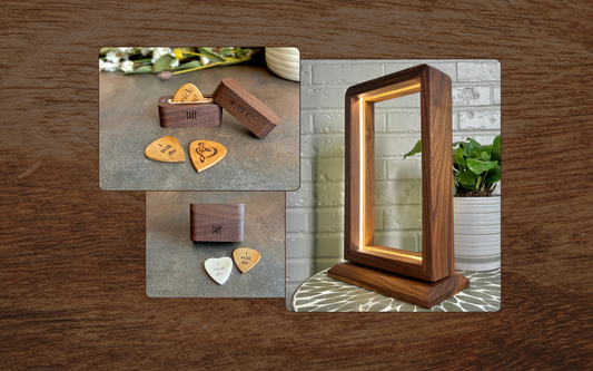 I still do engraved wood guitar picks with personalized initials in magnetic walnut boxes with five tally marks alongside a handcrafted walnut LED accent lamp, 5th wedding anniversary wood gifts by The Cutest Gifts