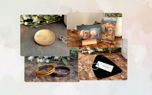 Anniversary gifts for women showing custom metal ring dish, engraved leather cuff, custom silver keychain and 4x6 metal photo card.