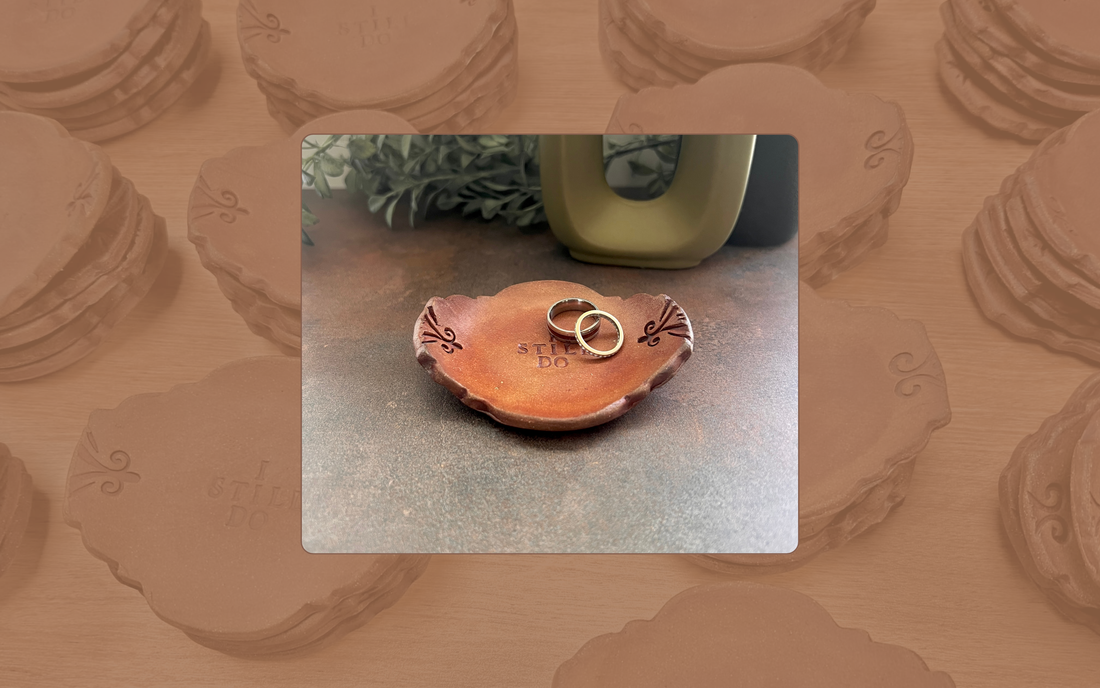 Ceramic wedding ring dish hand stamped with I still do