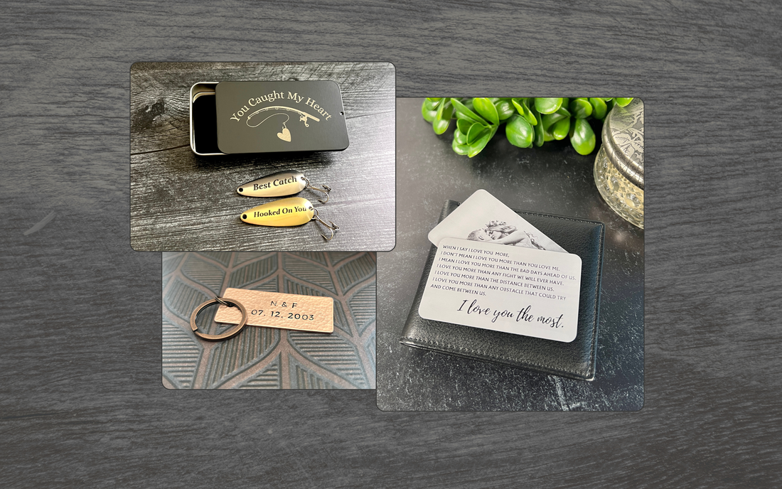 Anniversary Gifts for Husband: You Caught My Heart tin with two custom fishing lures; handcrafted personalized copper keychain; Love You Most metal wallet card with engraved photo. 