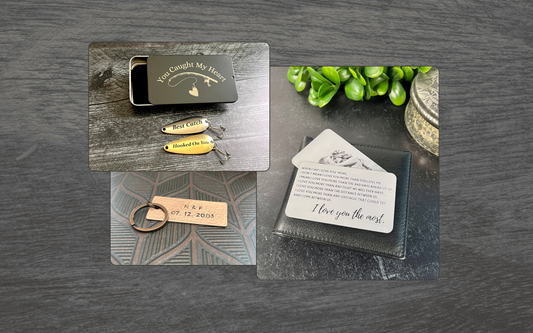Anniversary Gifts for Husband: You Caught My Heart tin with two custom fishing lures; handcrafted personalized copper keychain; Love You Most metal wallet card with engraved photo. 