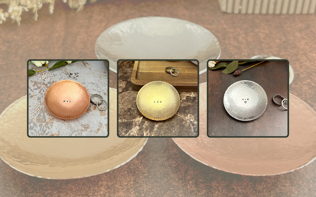 Handcrafted copper, bronze, and pewter ring dishes side by side — custom stamped anniversary gifts by The Cutest Gifts