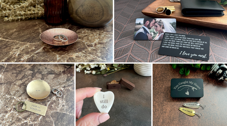 Personalized anniversary gifts including a copper ring dish with wedding rings, Love You Most photo wallet card, brass keychain and ring dish with I still do, heart-shaped guitar pick, and custom fishing lure set