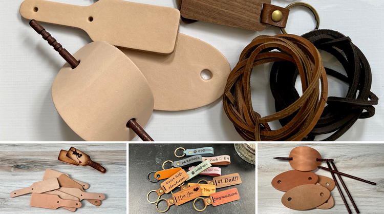 Craft supplies including leather barrette blanks, wood hair sticks, leather keychain blanks, colorful engraved leather keychains, leather cord, and leather barrette components