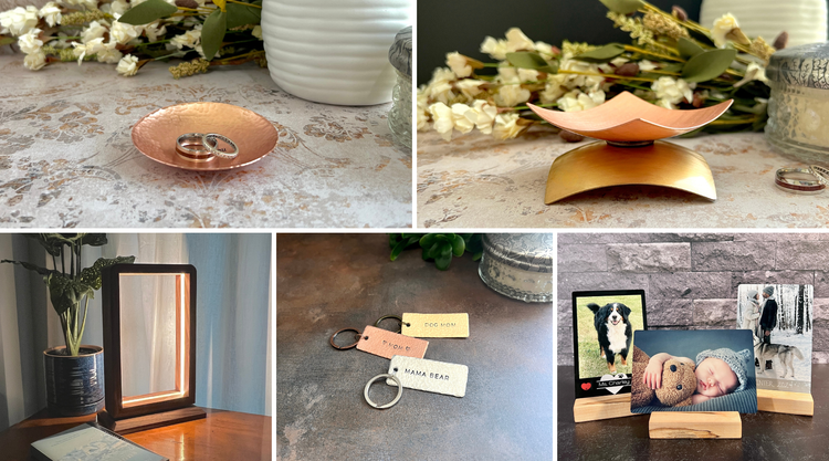 Handcrafted gifts for her — copper and bronze ring dishes, personalized metal keychains, LED light, and metal photo prints, made in South Carolina