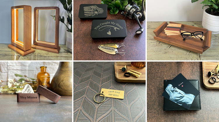 Handcrafted gifts for him — LED light, custom fishing lures in engraved tin, wood valet tray, engraved guitar pick, metal keychain and personalized wallet card, made in South Carolina