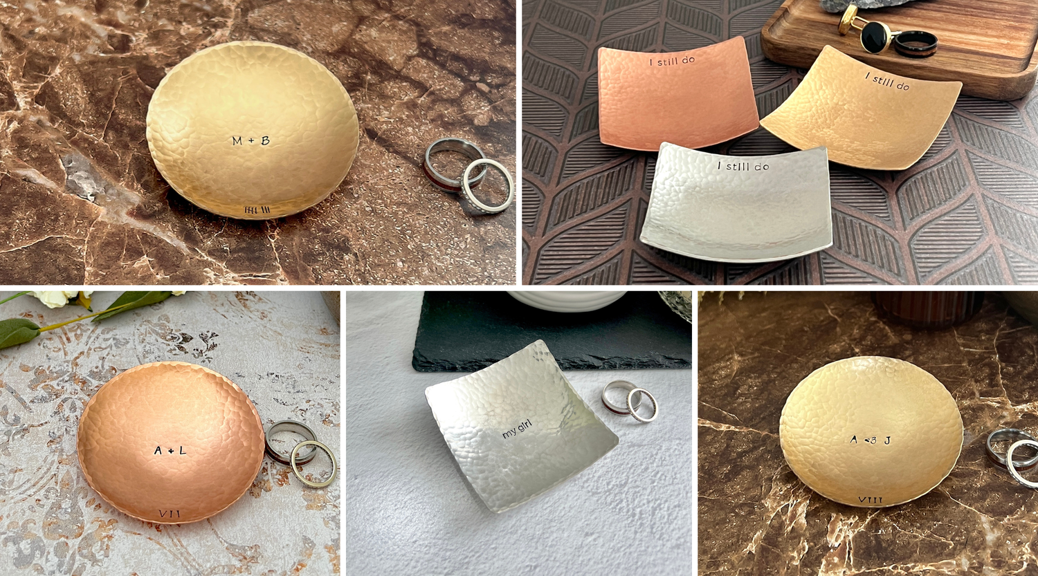 Handcrafted ring dishes in copper, bronze and pewter — square and round styles with custom text, I still do, tally marks and roman numerals, made in South Carolina