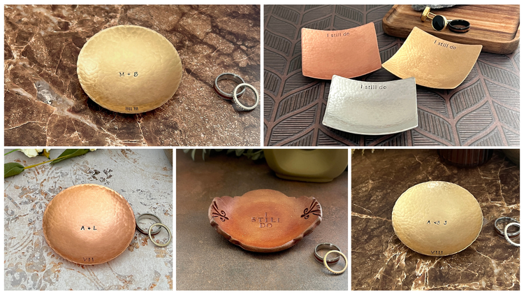 Handcrafted ring dishes in copper, bronze, pewter, and pottery — square and round styles with custom text, I still do, tally marks, and roman numerals