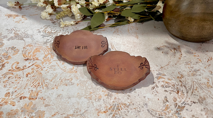 Handcrafted 9th anniversary pottery ring dishes in hazelnut brown stoneware with rust iron finish