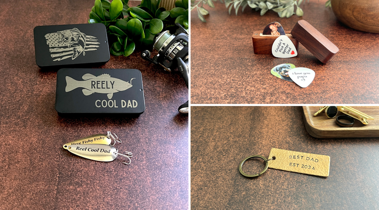 Personalized Father's Day gifts including custom engraved fishing lure gift sets with Reely Cool Dad and Bass Flag tins, custom photo guitar picks in a magnetic wood box, and a Best Dad hammered bronze keychain