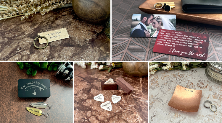 Personalized Valentine's Day gifts including I Love You Most keychain, Love You Most photo wallet card, You Caught My Heart fishing lure set, heart bone guitar picks in wood box, and a hammered copper ring dish stamped me + you