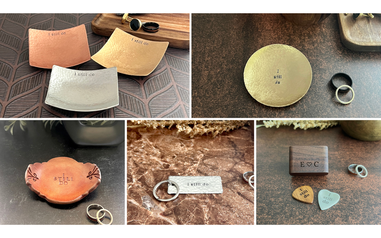 I still do anniversary gifts including square copper bronze and pewter hammered ring dishes, round bronze ring dish, pottery ring dish, pewter keychain, and I still do maple and heart bone guitar pick in wood box with initials.