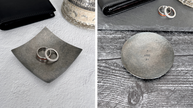 Handcrafted steel ring dishes for the 6th iron anniversary, hammered and hand darkened in South Carolina