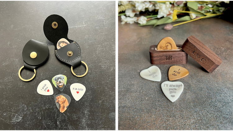 Personalized photo guitar picks with text and leather keychain pick pouches and engraved bone heart and wood guitar picks with engraved wood keepsake box.