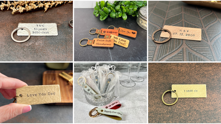 Personalized keychains including handcrafted hammered copper, bronze, pewter and brass along with engraved wood and leather.