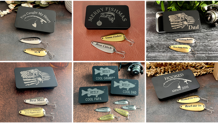 Personalized brass and nickel fishing lures with custom engraved black slide-top keepsake tins.