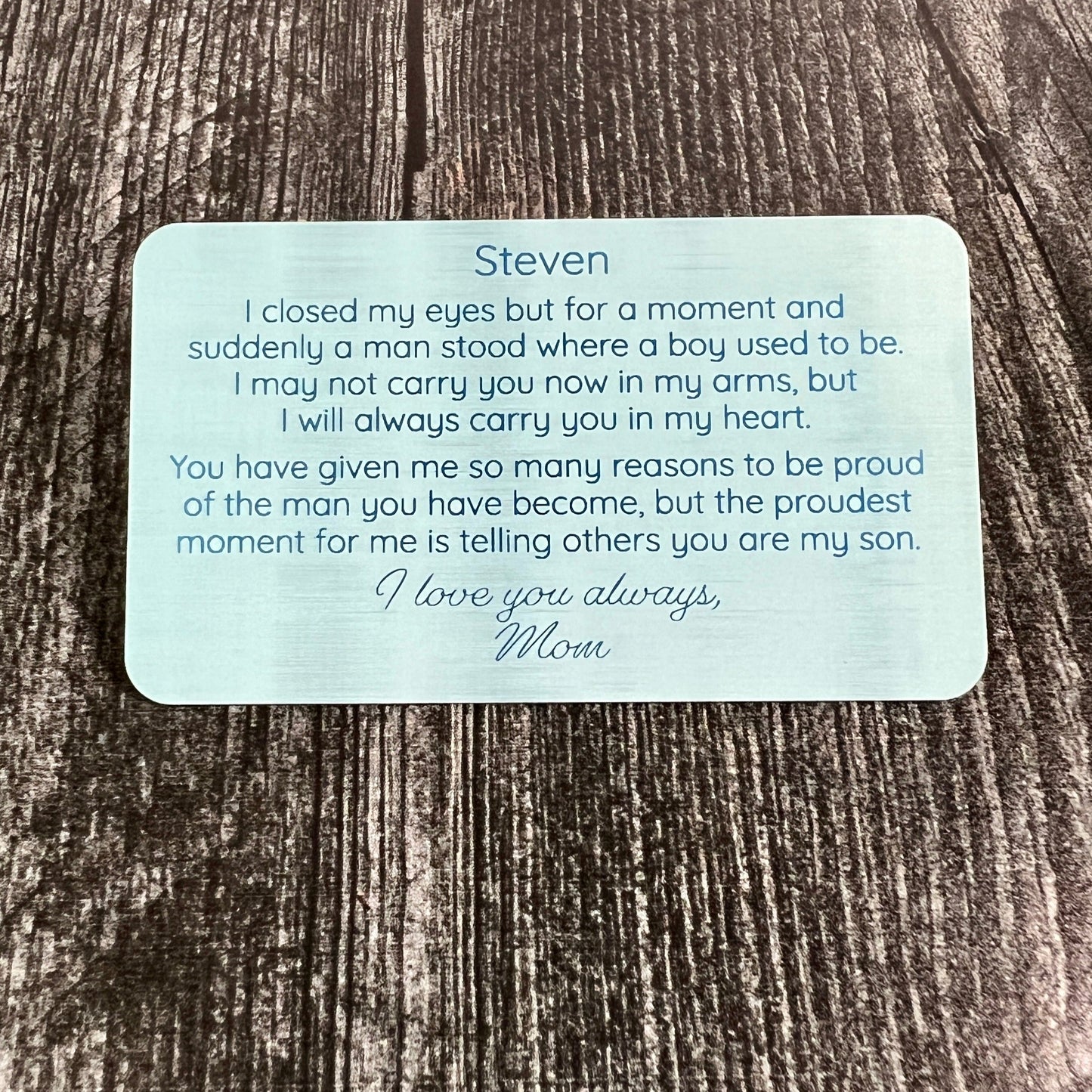 Custom Metal Wallet Card for Son with Leather Gift Pouch