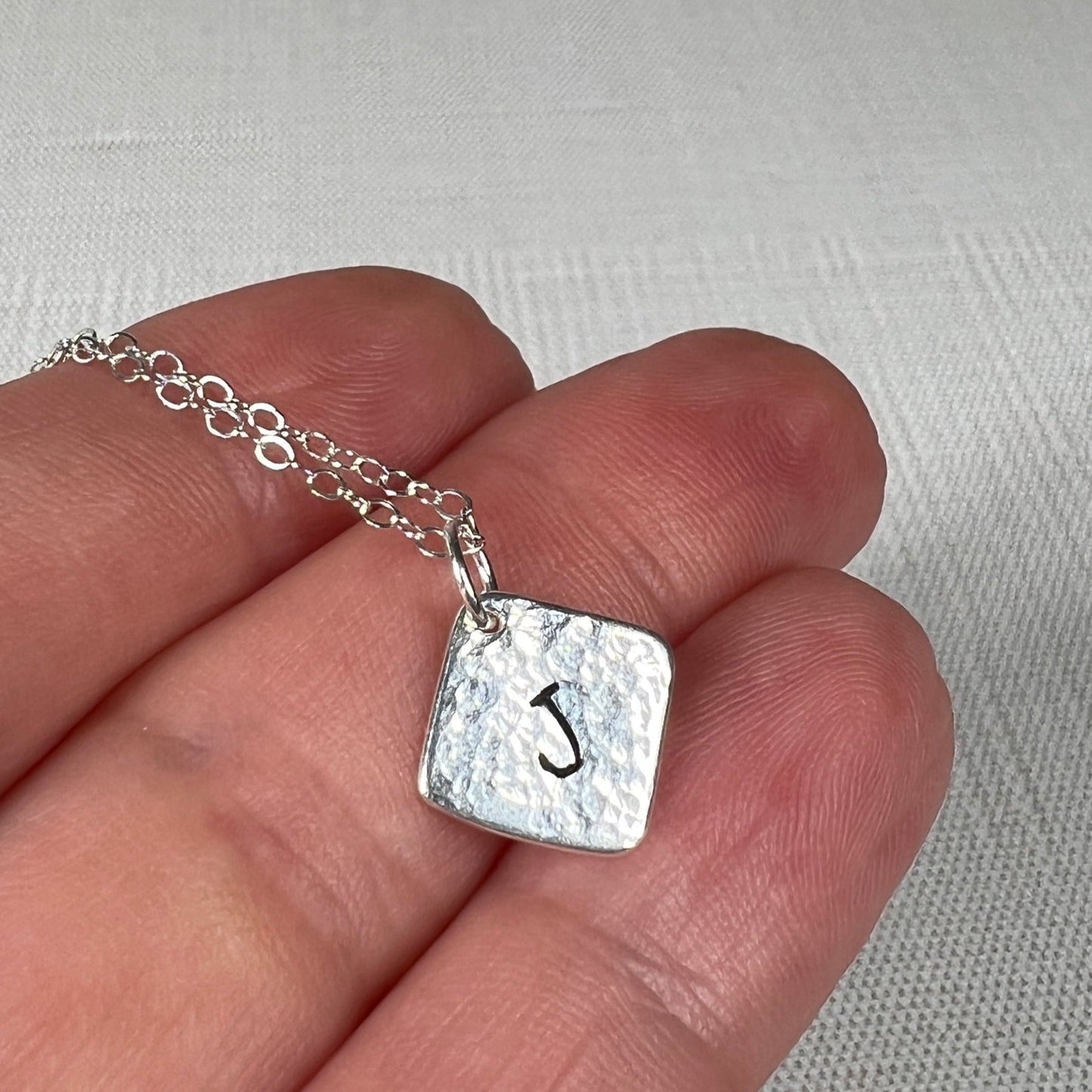 Hammered .925 Sterling Silver Initial Pendant with Fine Sterling Silver Chain
