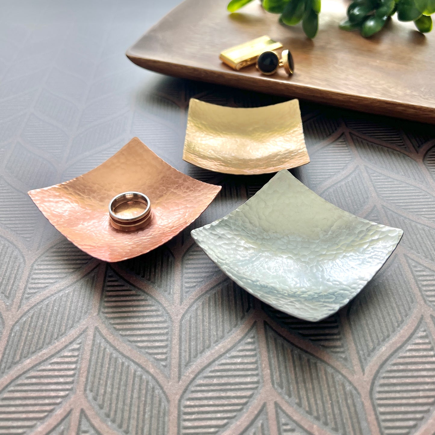 Hammered Copper, Bronze, or Pewter Square Ring Dish – 3" Minimalist Christmas Gift
