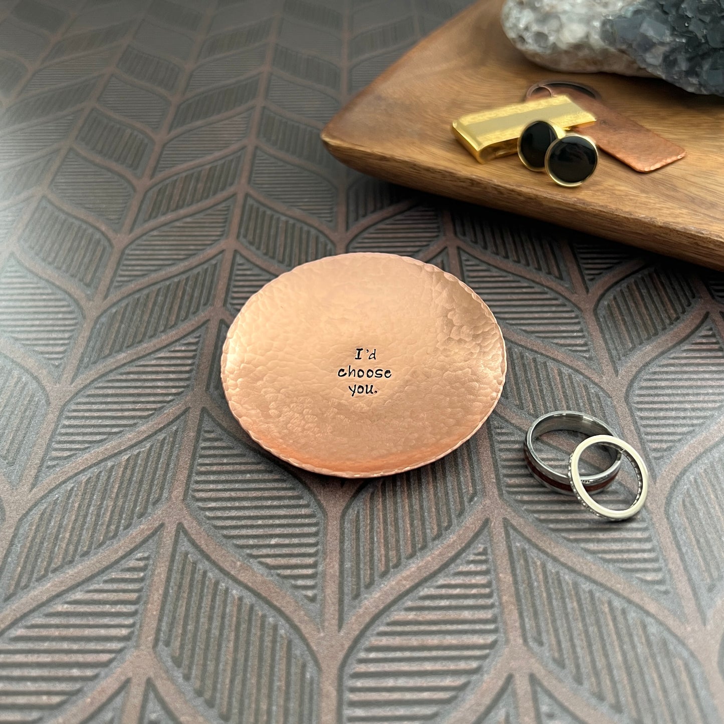 Personalized Copper Ring Dish - Round, Hammered & Custom Stamped