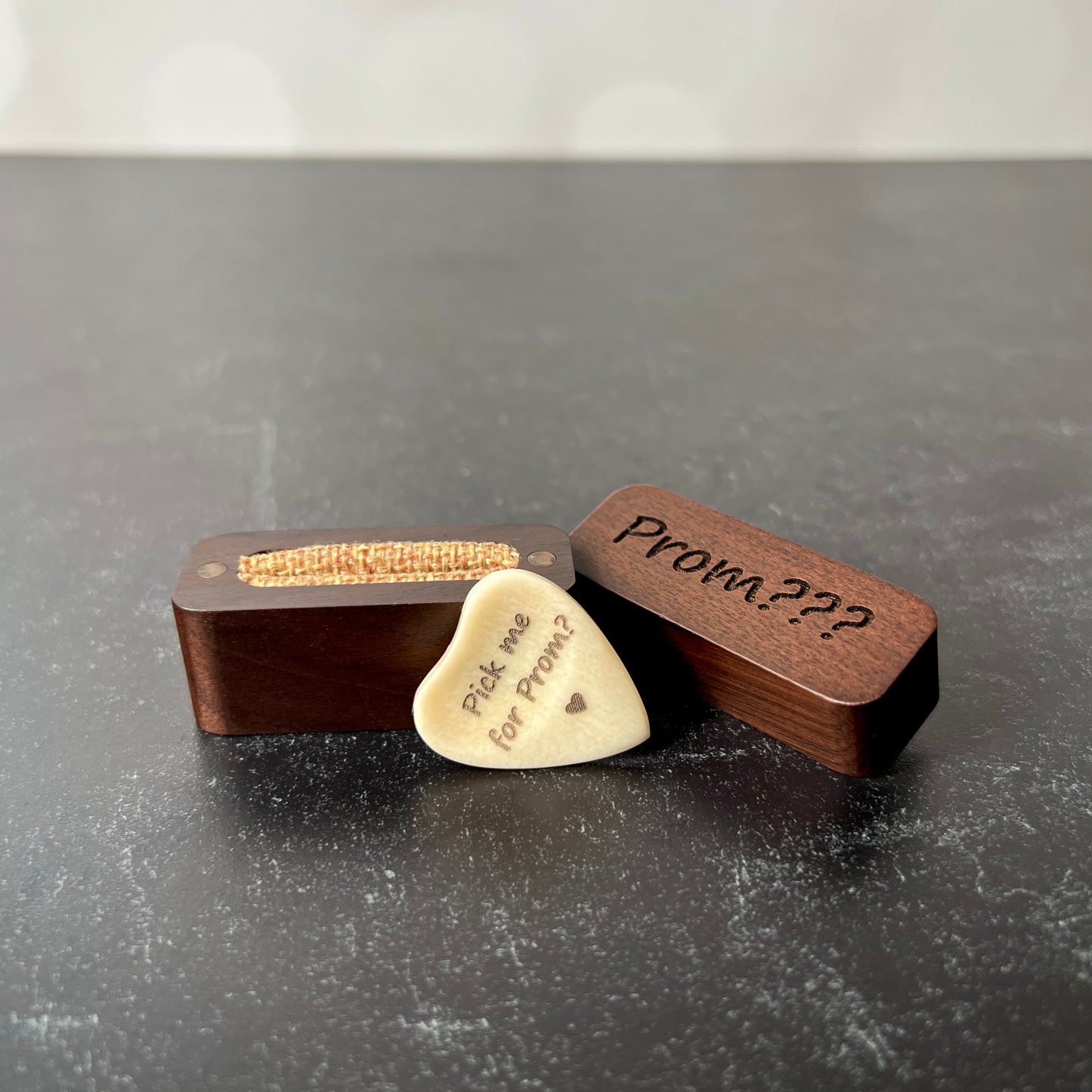 Custom Bone Guitar Pick – Heart-Shaped with Leather Pouch or Wood Box