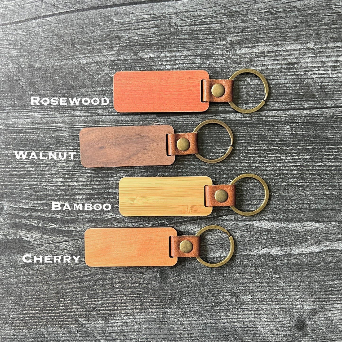 Custom Engraved Wood Keychains – Walnut, Cherry, Bamboo, or Rosewood Favor