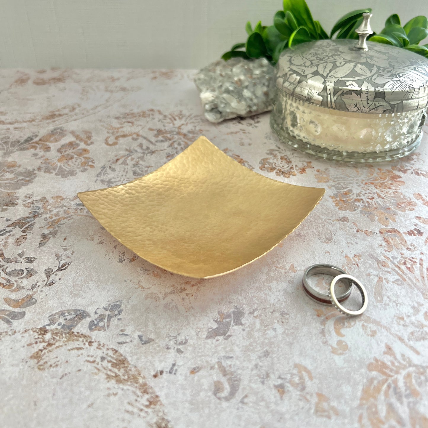 Square Bronze Ring Dish - Hammered & Custom Stamped