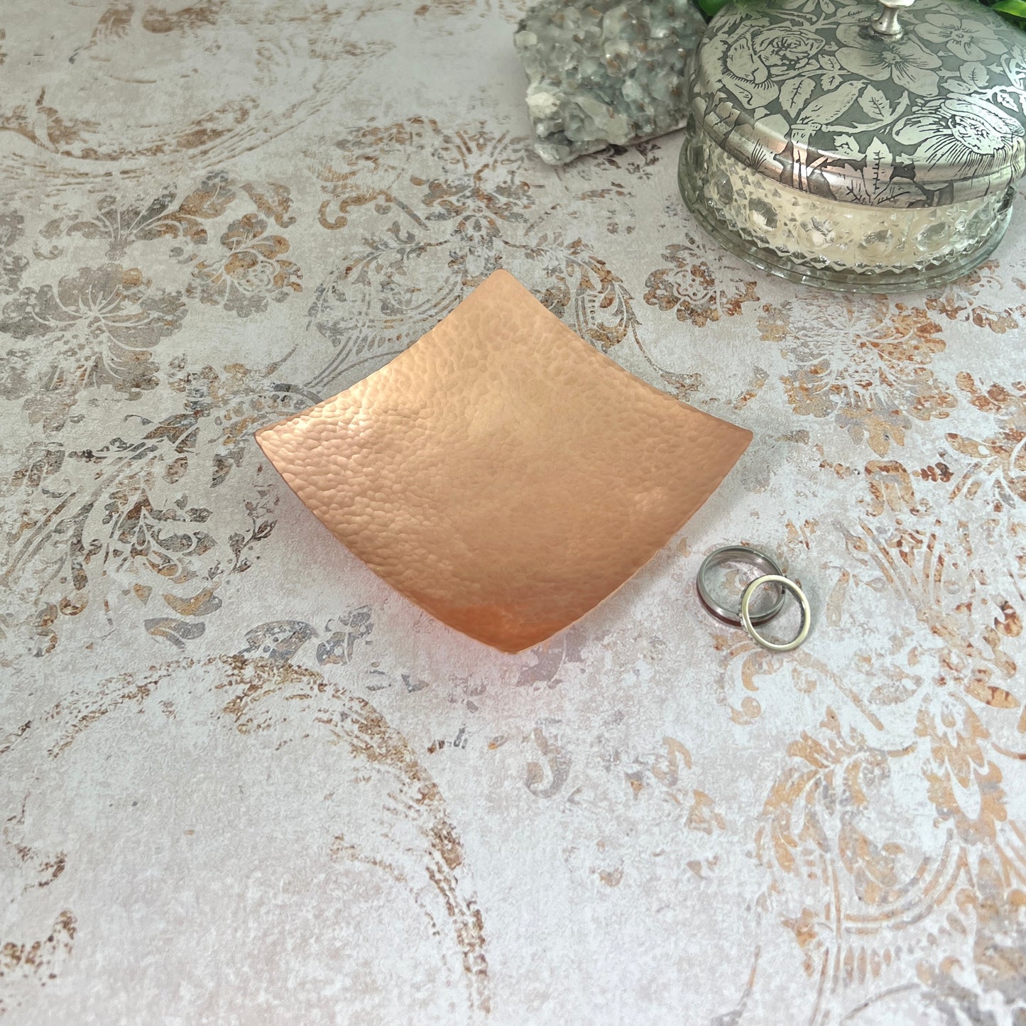 Square Copper Ring Dish - Hammered & Custom Stamped