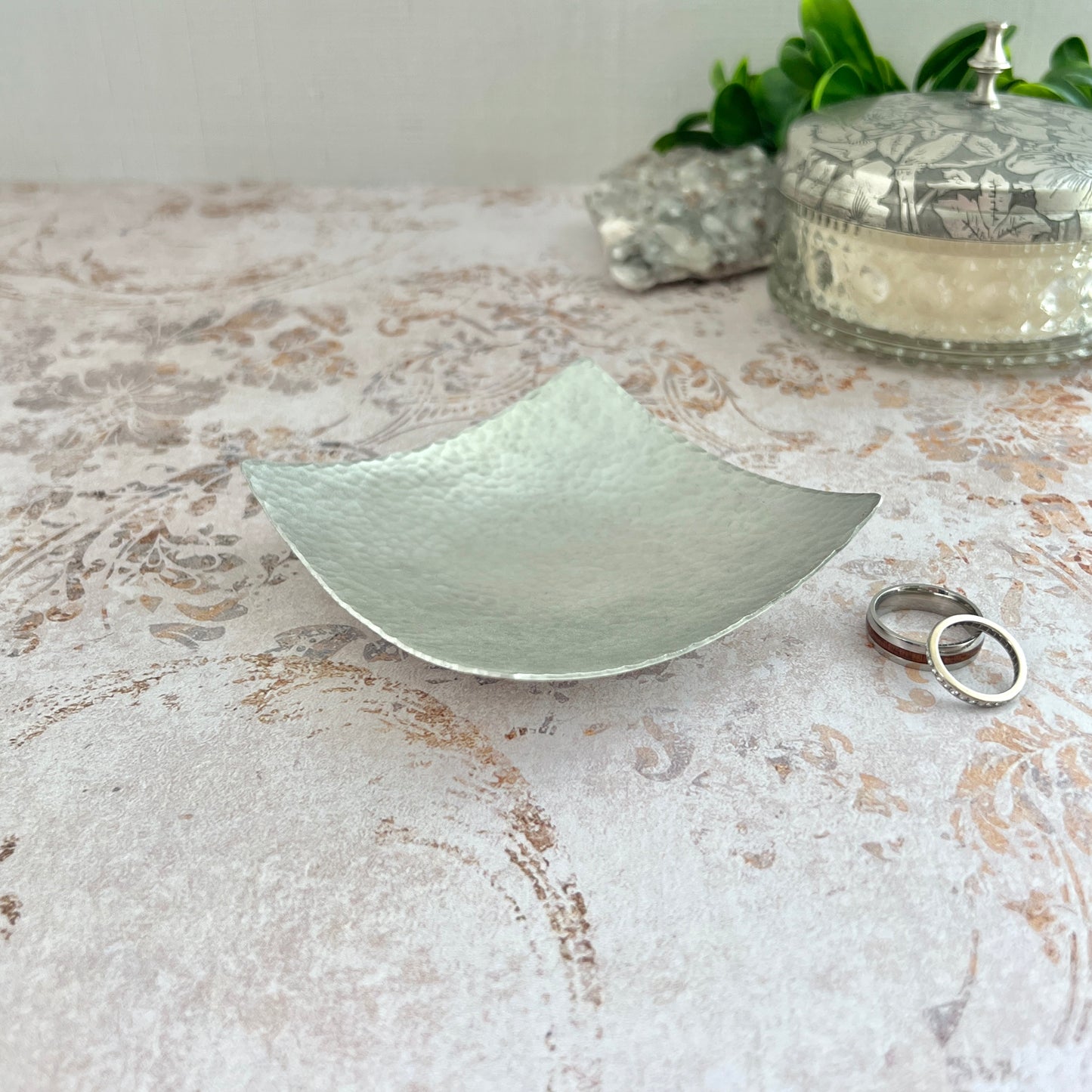 Square Pewter Ring Dish - Hammered & Custom Stamped