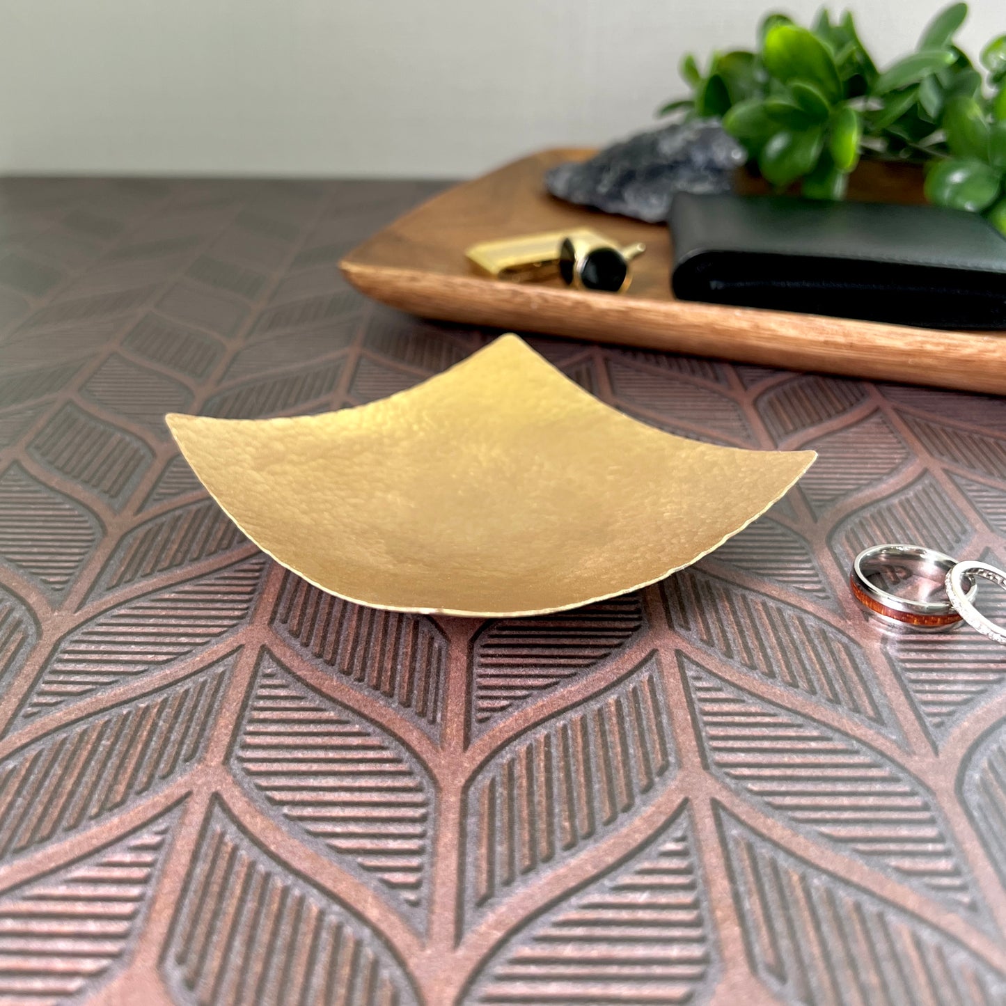 Square Bronze Ring Dish - Hammered & Custom Stamped