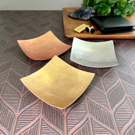 Hand-Hammered Square Metal Dish – Copper, Bronze, or Pewter Decorative Tray